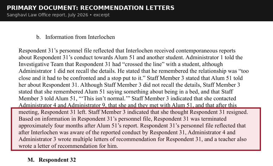 Cropped page from the Sanghavi report showing personnel-file text stating that recommendation letters were written after Interlochen was aware of reported conduct.