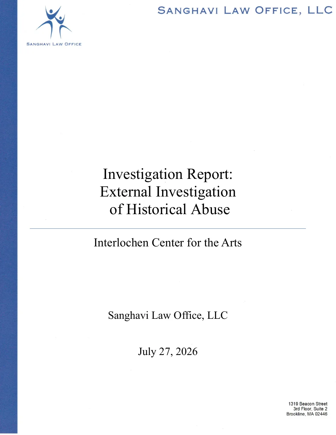 Cover of the July 27, 2026 Sanghavi Law Office investigation report