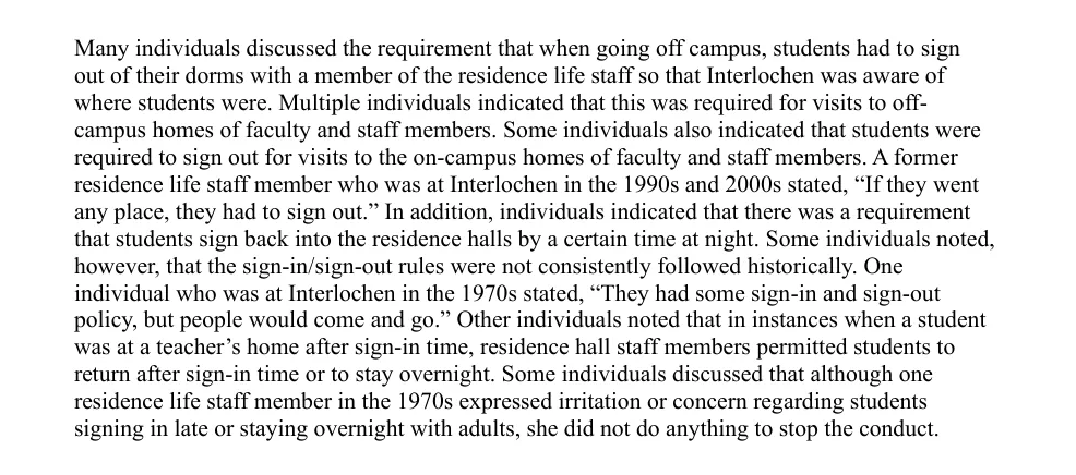 Alumni described inconsistent oversight, normalized boundary violations and sign-out systems that did not always prevent students from staying with adults.