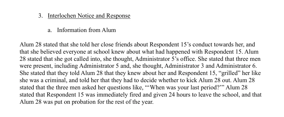 The report states that administrators wrote recommendation letters for Respondent 14 after meetings concerning conduct of a sexual nature and before his contract ended.