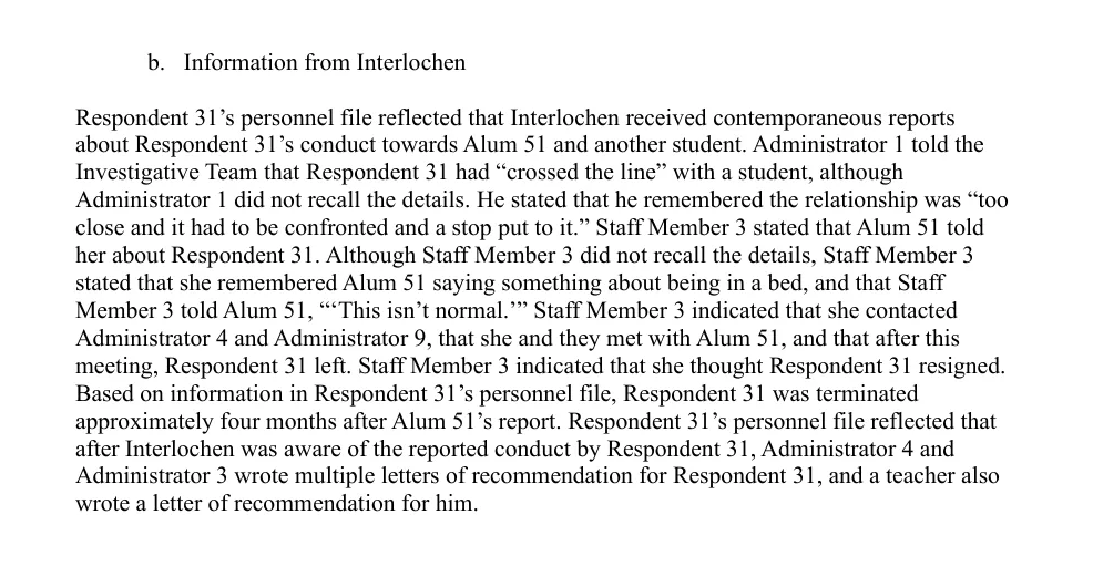 The report states that two administrators and a teacher wrote multiple recommendations for Respondent 31 after Interlochen was aware of reported conduct.
