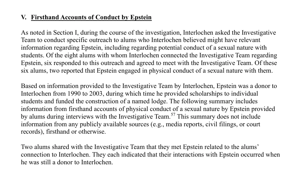 The report says two alumni connected to Interlochen gave firsthand accounts involving sexual conduct by Jeffrey Epstein; it describes his donor relationship from 1990 to 2003.